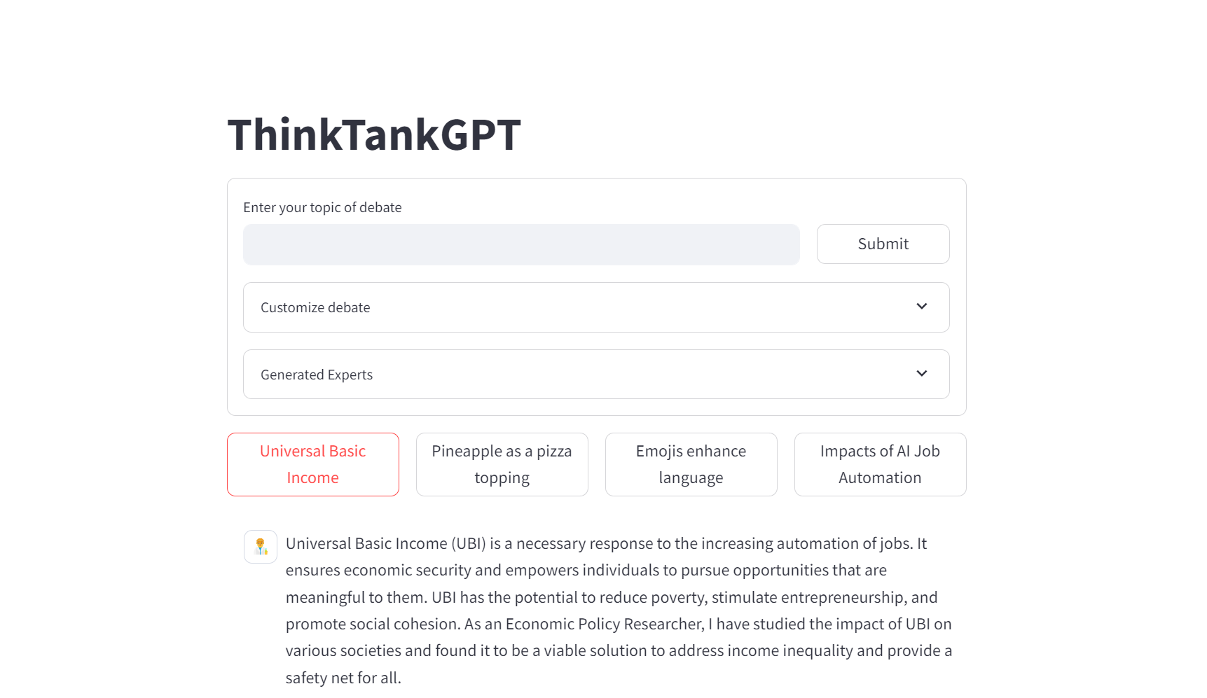 Landing page of ThinkTankGPT